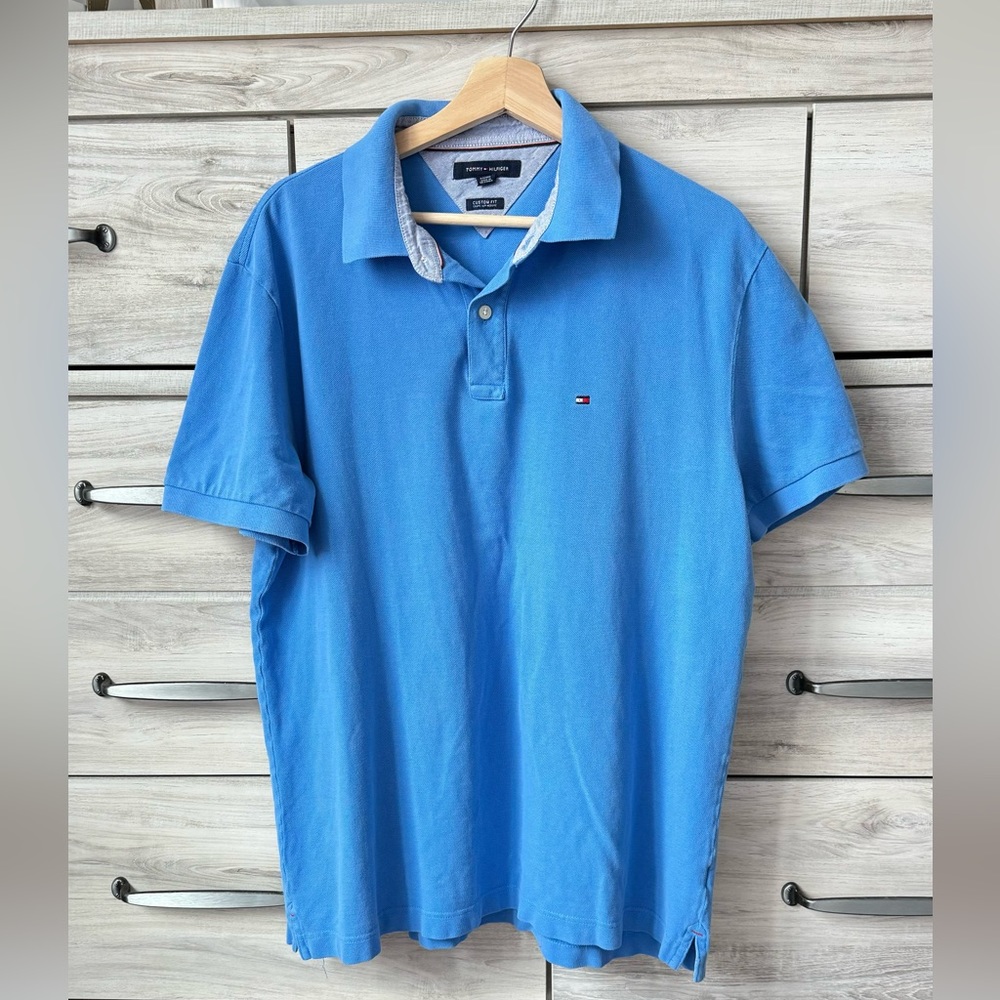Tommy Hilfiger Custom Fit Solid Blue Casual Mens Short Sleeve Polo Shirt Size XL